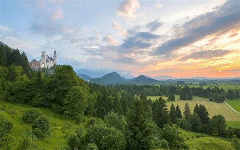 Germany, Sunrises and sunsets, Mountains, Sky, Scenery, Neuschwanstein ...