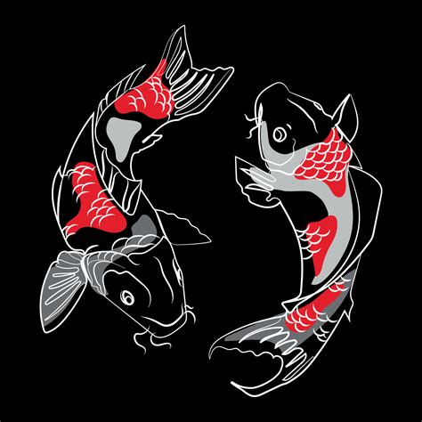 Two Japanese koi carp fishes line drawing, with red and gray abstract shapes and Minimal art ...