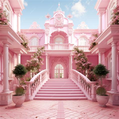 Modern pink house with staircase entrance barbie concept exterior with sky background Generative ...