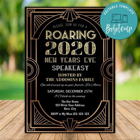 Printable Roaring 20s New Years Event Party Invitation DIY | Createpartylabels