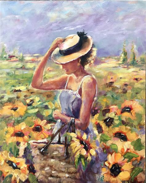 Original oil painting ,women in field of sunflowers,16x20,modern impressionist art,Brenda Peake ...