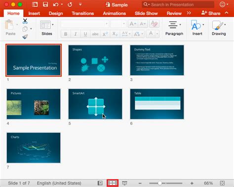 Slide Sorter View in PowerPoint 2016 for Mac