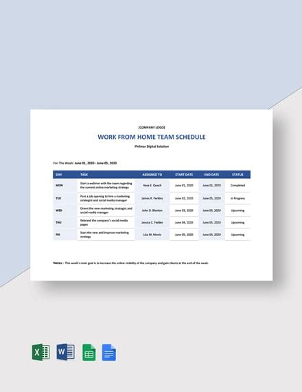 Sample Work From Home Schedule Template [Free Google Docs] - Google Sheets, Excel, Word ...