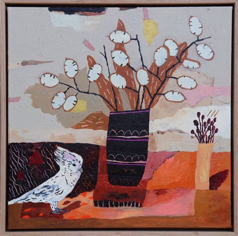 a painting with flowers in a vase and a bird sitting on the ground next ...