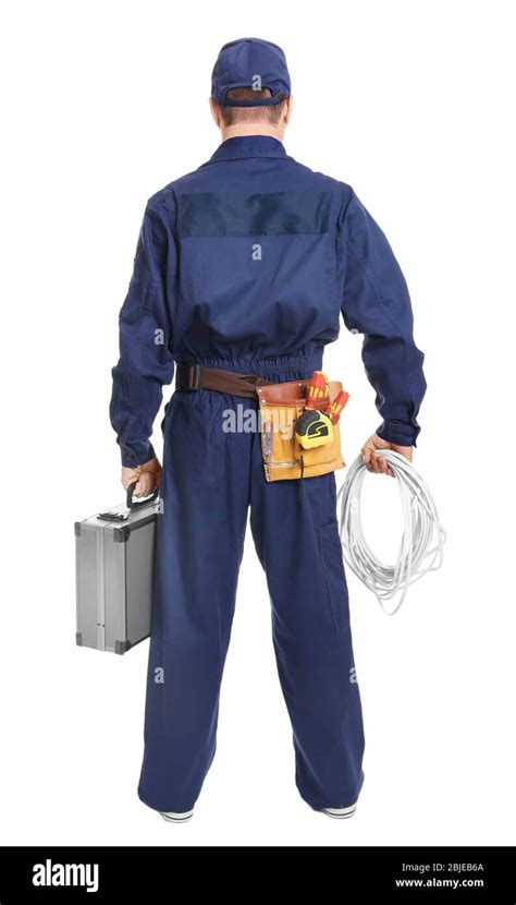 Electrician with tool box on white background Stock Photo - Alamy