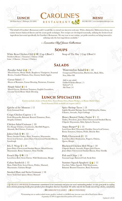 Menu at Caroline's Restaurant, Dubuque