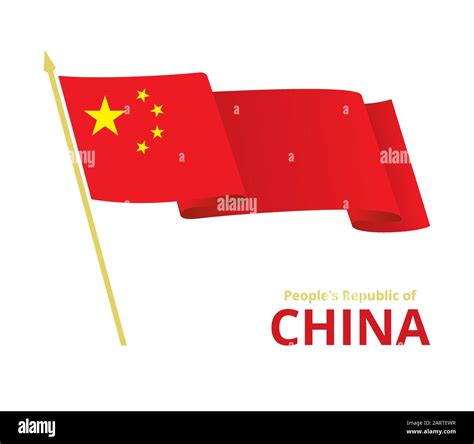 China fluttering waving flag on flagpole. Red banner with five golden ...