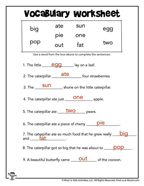 Vocabulary Worksheet - ANSWER KEY | Woo! Jr. Kids Activities : Children's Publishing