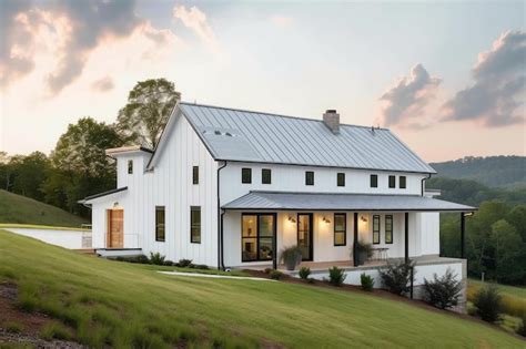 Premium AI Image | Modern farmhouse with metal roof and white exterior built on a scenic hillside