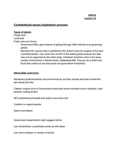 Lecture 16-LAWS121 - the legislature - Lecture 16 Constitutional issues (legislature process ...