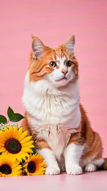 Premium Photo | Cat Sitting Next to Sunflowers