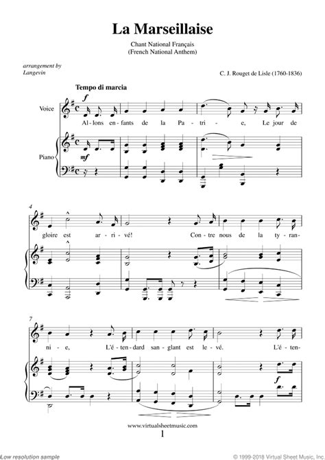 Lisle - La Marseillaise - French National Anthem sheet music for piano ...