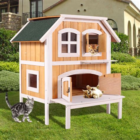 Cat Pet Cottage House Wooden Raised Elevated Indoor Outdoor Kennel Room Dog | Outside cat house ...