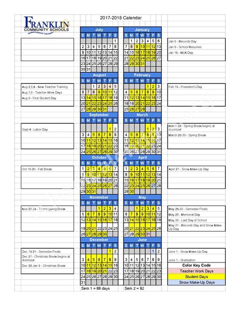 2017 - 2018 School Calendar | Franklin Community School Corporation – Franklin, IN