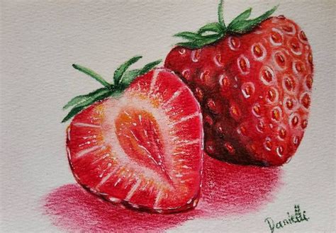 two strawberries painted on paper with colored pencils