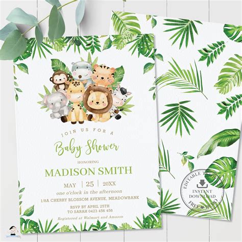 Cute Greenery Jungle Animals Safari Baby Shower Invitation - Editable ...