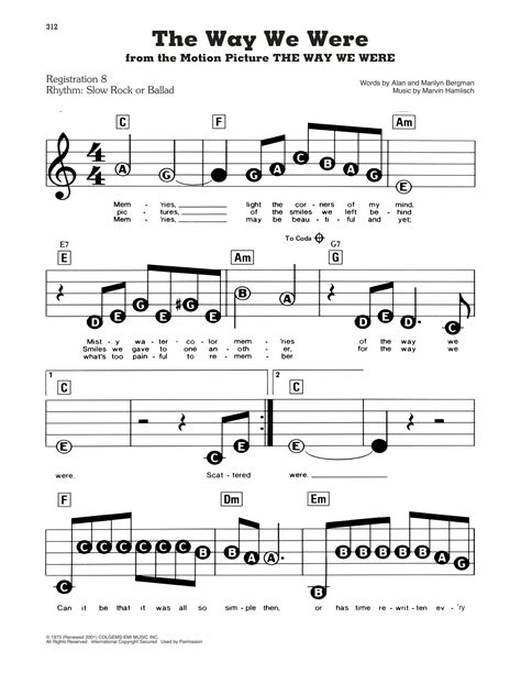 The Way We Were by Barbra Streisand Sheet Music for E-Z Play Today at Sheet Music Direct