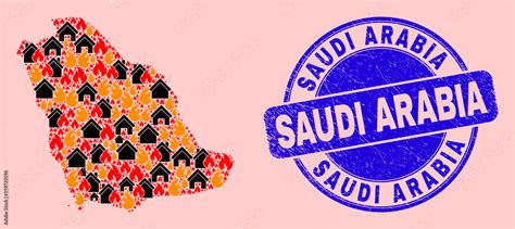 Flame and houses collage Saudi Arabia map and Saudi Arabia unclean stamp print. Vector collage ...