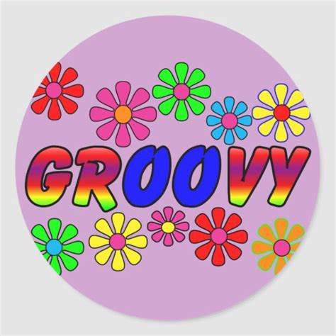 the word grooy surrounded by colorful flowers on a purple round sticker that says grooy