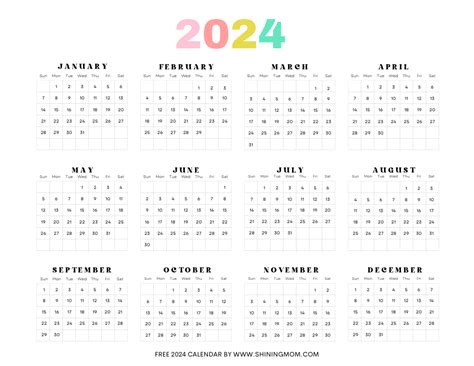 Printable Yearly Calendar 2024 Free Printable - Dora Nancee