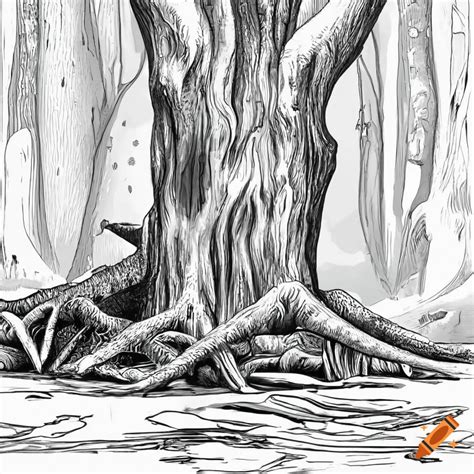 Black and white line drawing of a fallen tree, in the middle of an old ...