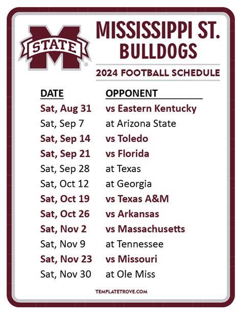 Printable 2024 Mississippi State Bulldogs Football Schedule