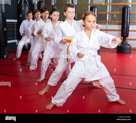 Karate kids in kimono performing kata moves Stock Photo - Alamy