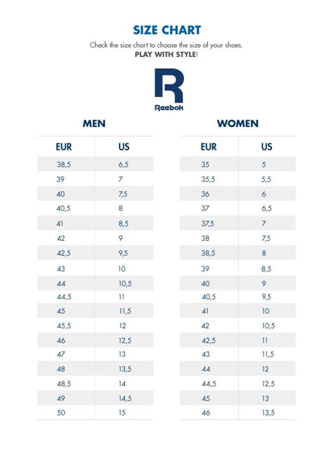 Size chart shoes Reebok | AW LAB