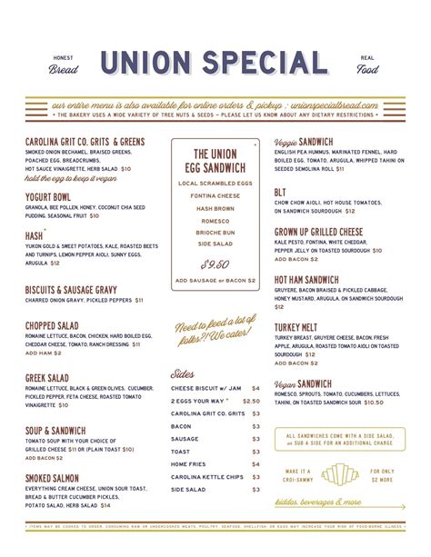 Menus — Union Special