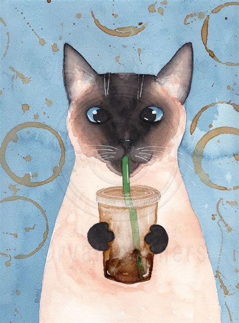 Siamese Kitty & Coffee Watercolor Painting