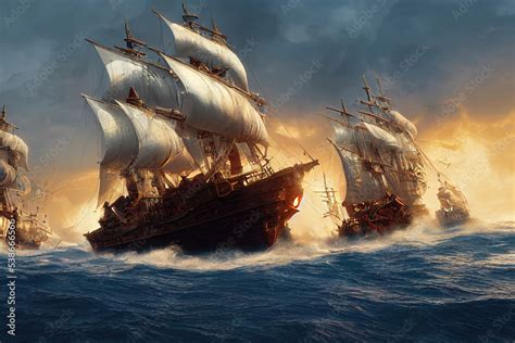 pirate ships fighting scene, water war scene concept art Stock ...