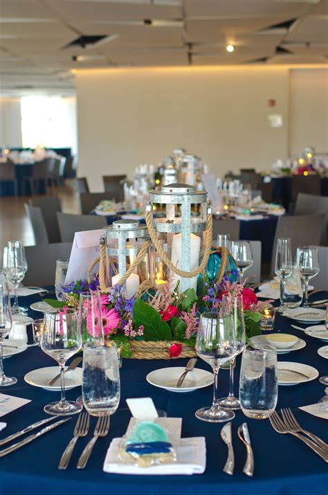 Nautical Lantern Centerpieces with Faux Coral Flower Arrangements ...