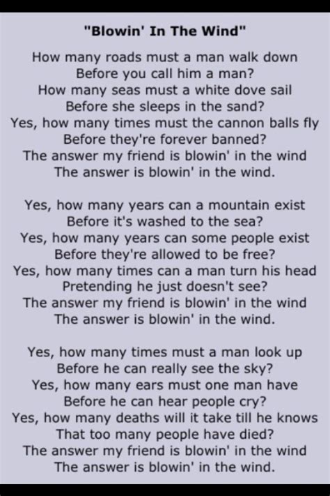 Bob Dylan "Blowin' in the Wind" | Inspirational songs, Hymns lyrics, Lyrics