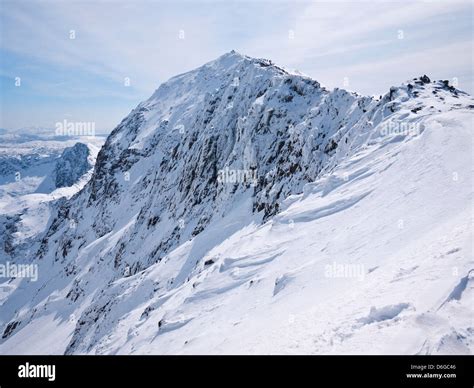 Snowdon in winter conditions - view to the summit, Yr Wyddfa, from the top of the Pyg track ...