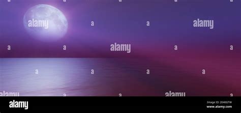 full moon in the sky background reflection in the sea ocean water. 3D ...