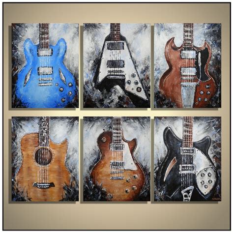 four guitars are shown in different colors and sizes