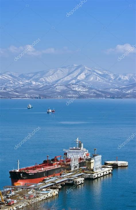 Nakhodka, Russia- 06.03.2015: Tanker Angel 66 near the oil terminal company Rosneft. Nakhodka ...