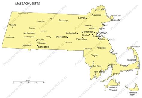 Massachusetts Outline Map with Capitals & Major Cities- Digital Vector, Illustrator, PDF, WMF