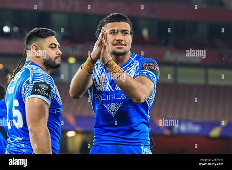 Drop goal hero Stephen Crichton of Samoa applauds the fans during the ...