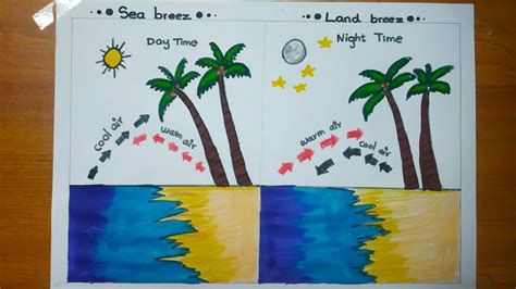 Sea Breeze and Land Breeze drawing | How to draw land breeze sea breeze drawing in easy way ...