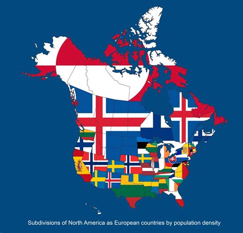 Subdivisions of North America as European countries by population density | Mapa