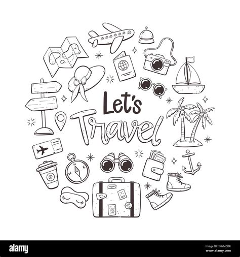 Travel holidays background. Doodle style. Cute hand drawn travel icons. Isolated objects on ...