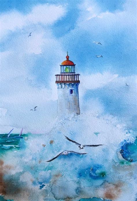 Lighthouse art Sea painting Original watercolor Ocean art #Seascape Wave paint #Lighthouse #Ocea ...