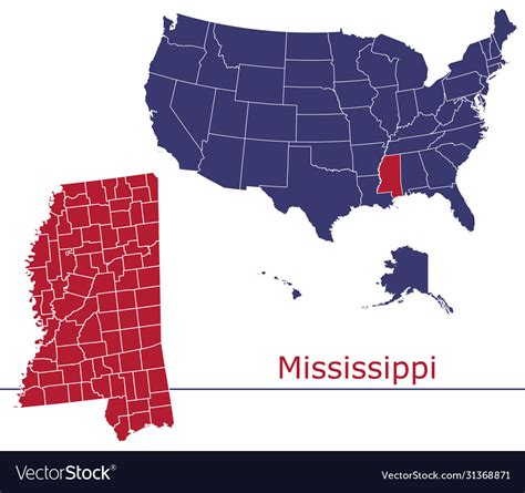 Mississippi map counties with usa Royalty Free Vector Image