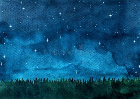 Grass Meadow with Night Sky Watercolor Hand Painting Background. Stock ...