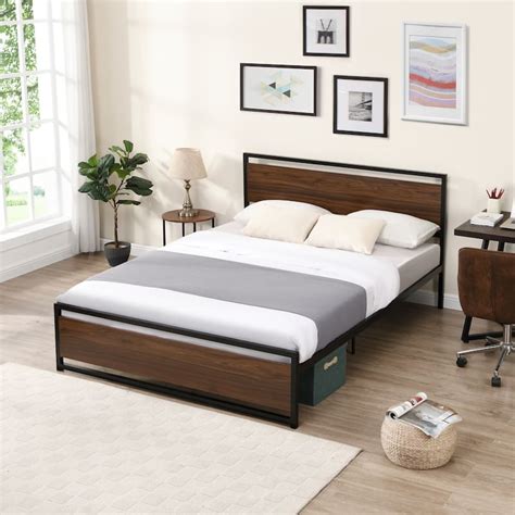 Platform Full Bed Frame/Mattress Foundation with Rustic Headboard and Footboard, Strong Steel ...