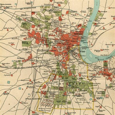 Agra & environs India River Jumna Fort Taj Mahal 1909 detailed old color map: - RareMapsandBooks