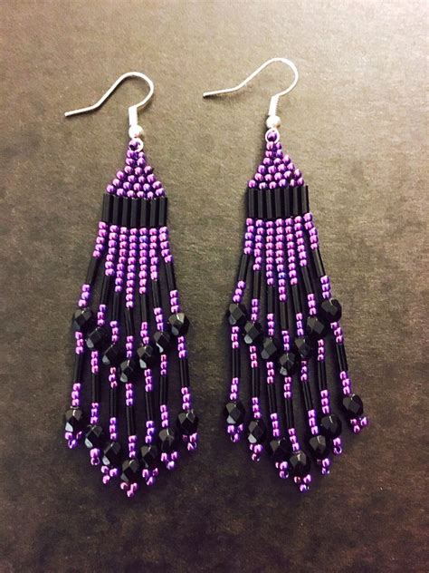 Purple and Black Fringe Earrings | Seed bead earrings | Long Earrings ...