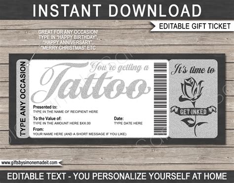 Tattoo Gift Certificate Card Template | DIY Printable Gift Voucher