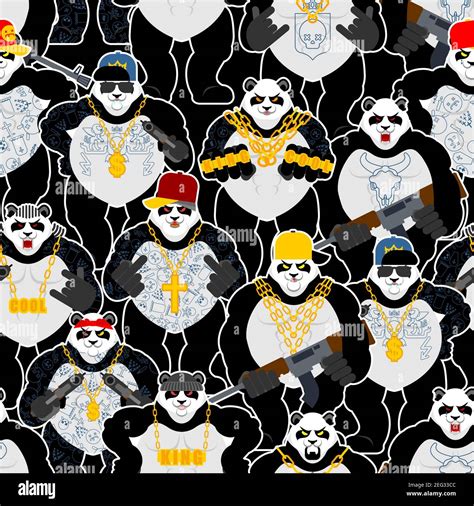 Panda gangster banda patrón sin costuras. Cool Bear Gang de fondo de bandidos. Textura de SWAG ...